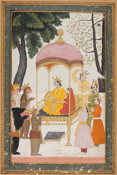 Enthroned Rama and Sita Receive Homage from their Monkey and Bear Allies by Unknown artist