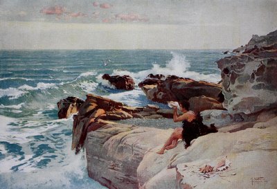 Evening by the Sea, Young Man with a Large Shell Sitting on the Shore by Unknown artist