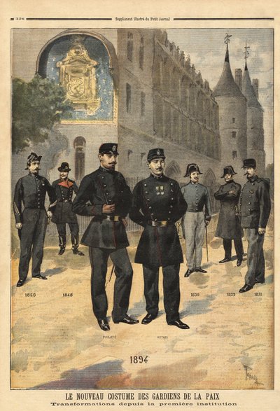 Evolution of uniforms of peacekeepers from 1860 to 1894, in front of the clock tower of the Concierge, Paris by Unknown artist