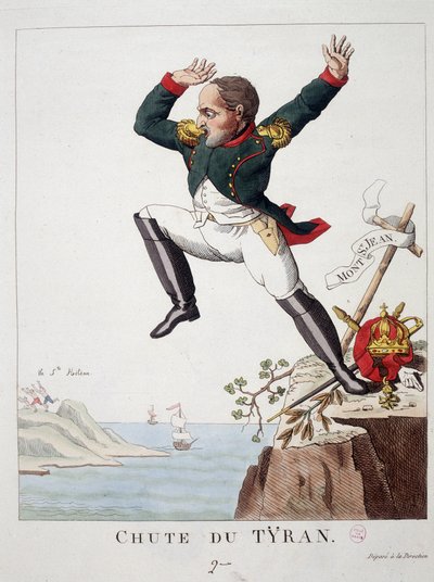 Fall of the tyrant: Napoleon jumping from Mount St John (The Battle of Waterloo) to St. Helene Island - in 