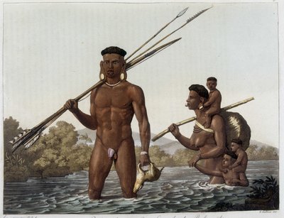 Family of Botocudos Indians returning from hunting and crossing the river Rio Grande to Belmonte in Paraguay. In 