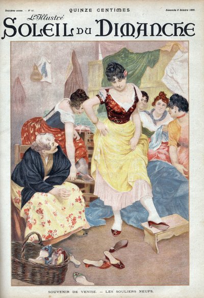 Fashion late 19th century: new shoes from Venice. Women trying shoes from the Italian city. Engraving in Le sun-du-dimanche, October 8 by Unknown artist