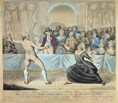 Fencing fight between the knight of Eon de Beaumont and Monsieur de Saint George, 9 April 1787. Engraving by Unknown artist