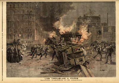 Fire of omnibuses and trams in Paris: a brutally repressed student demonstration turns into a general riot. Engraving in 