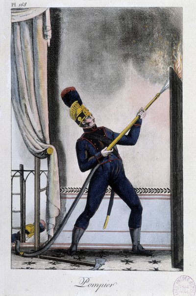 Firefighter with water lance, extinguishing a fire - circa 1830 by Unknown artist