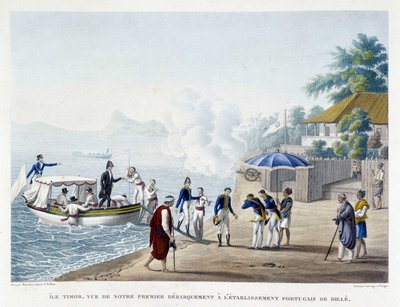 First debarking of the French at the Portuguese settlement of Dille on the island of Timor. by Unknown artist