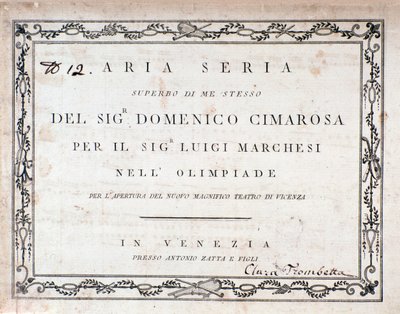 First page of the musical score of Aria Seria by Domenico Cimarosa by Unknown artist