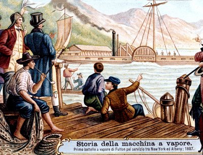 First voyage of the steamboat Clermont by Robert Fulton (1765-1815), American engineer on the Hudson River, USA by Unknown artist