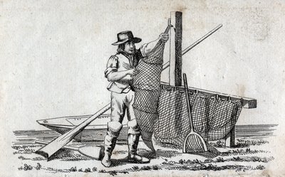 Fisherman and fishnet. Fine engraving of the 18th century. Private collection. by Unknown artist