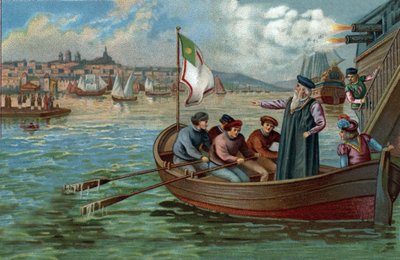 Former shopping centres: return of Vasco de Gama (1469-1524), Portuguese navigator to Porto, Portugal. Chromolithography of the late 19th century by Unknown artist