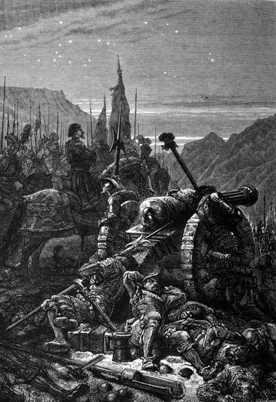 Francois I remained in the saddle the night before the Battle of Marignan, September 1515. Engraving of the 19th century by Unknown artist