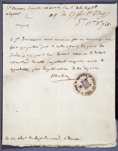 French Revolution: handwritten letter dated 26/02/1793 from a denomme Merlin on the capture of the city of Breda in Holland on 24 February by General Dumouriez by Unknown artist