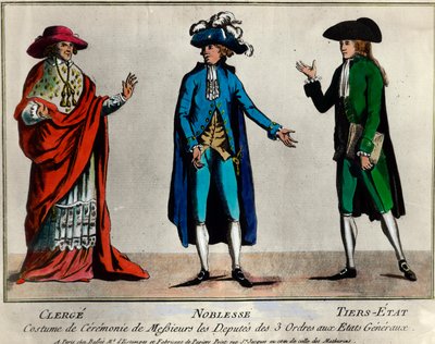 French Revolution: representation of the deputies of the three orders in the States General in ceremonial costume: the clergy, the nobility and the third state. Print from the end of the 18th century. Private collection by Unknown artist
