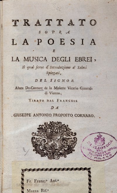 Frontispiece of Treaty on the poetry and music of the Jews by Unknown artist