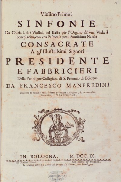 Frontispiece of musical score from Sinfonia da chiesa e due violini by Francesco Manfredini by Unknown artist