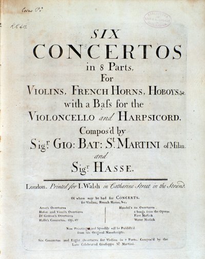 Frontispiece of musical score of Six concertos in 8 parts by G B Sammartini and J A Hasse by Unknown artist