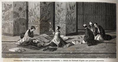 Funeral ceremonies: the monk of the last sacraments. Engraving to illustrate the voyage to Japan in 1863-1864, by Aime Humbert, minister of the Swiss Confederation, in Le tour du monde, nouveau journal des voyages, published under the direction of Edouard by Unknown artist