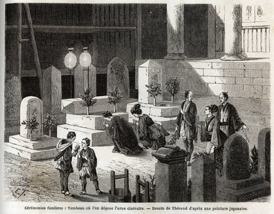 Funeral ceremonies: tomb where the cinerary urn is placed. Engraving to illustrate the voyage to Japan in 1863-1864, by Aime Humbert, minister of the Swiss Confederation, in 