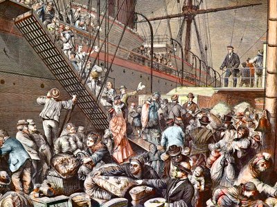 German emigrants for New York embarking on Hamburg steamer in 1874, engraving by Unknown artist