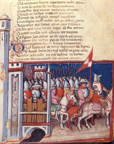 Gesture song: an army of men on horseback leaving a castle. Miniature from the French-Italian manuscript Entree d