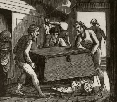 Gordon and his companions pressing the French captain to death with a large chest, c.1836 by Unknown artist