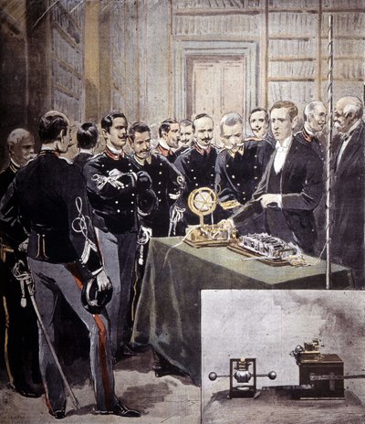 Guglielmo Marconi presented the wireless telegraph at a conference at the Ministry of the Navy in 1897. by Unknown artist