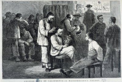 Hair Salon in the Chinese Community of California - engraving by Unknown artist