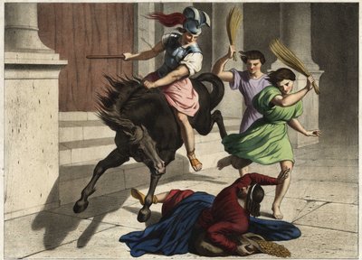 Heliodorus was driven out of the temple: on the orders of his ruler, he tried unsuccessfully to seize the treasures of the temple of Jerusalem. Anonymous engraving from the mid-19th century. by Unknown artist