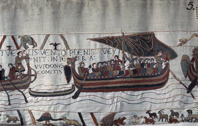 Hijacked by the storm, the ship of Harold II (1022-1066) stranded on the coast of Ponthieu - Bayeux Tapestry, known as Embroidery of Queen Mathilde by Unknown artist