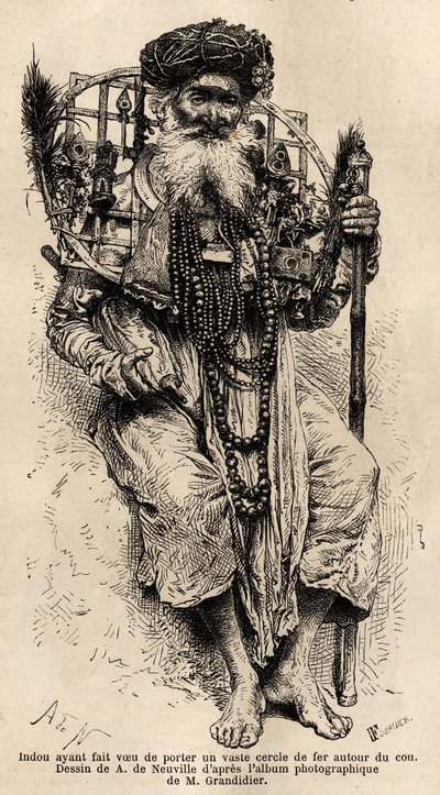 Hindu vowed to wear a large circle of iron around his neck. Engraving to illustrate the voyage in the meridional provinces of India, by Alfred Grandidier, in 1862-1864, published in 