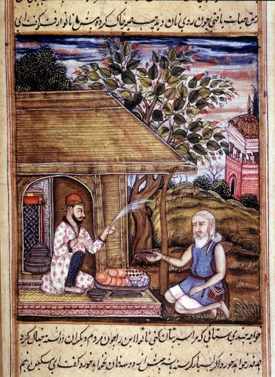 Hinduism: representation of a santon giving alms. Miniature from a 15th century manuscript by Unknown artist