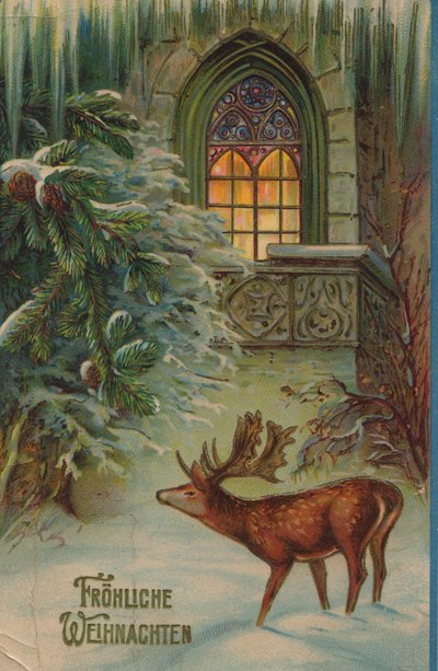 Historic Christmas Card with a Winter Motif with Stag and Church by Unknown artist