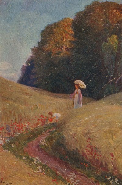 Historic Greeting Card: Mother and Daughter Walking in a Flower Meadow by Unknown artist