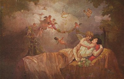 Historic greeting card with angels to bring luck to a woman, kitschy-romantic by Unknown artist