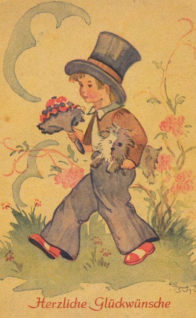 Historic Postcard with a Boy with a Bouquet of Flowers and a Small Dog, Greeting Card by Unknown artist