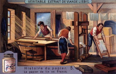History of Paper. 5. Linen paper in France. Liebig chromolithography by Unknown artist