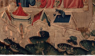 History of Saint Piat and Saint Eleuthère, Scene 9 Saint-Éleuthère is Confirmed as the Bishop of Tournai (Detail) The City Fortification Walls, Houses by Unknown artist