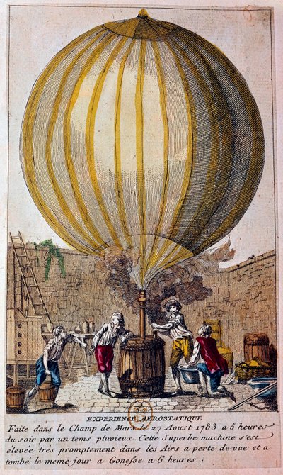 History of balloons: aerostatic experience carried out at the Champ de Mars in Paris on 27/08/1783: the balloon is filled with hydrogenic gas by Jacques Charles. Engraving of the 18th century. Paris, B.N. by Unknown artist