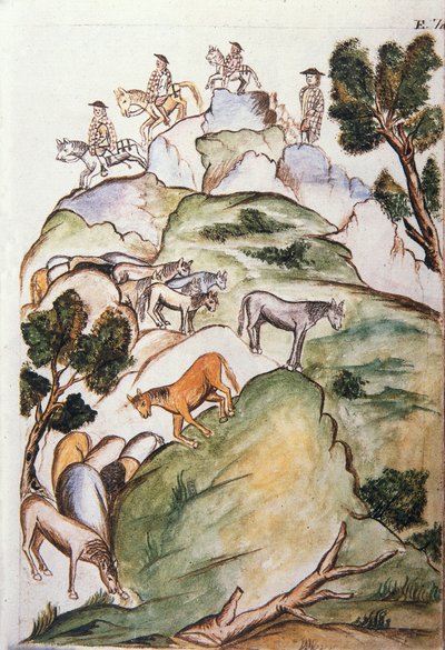 Horse keepers encircle mares in the mountains to catch them, from the book "Trujillo del Peru" or "Códice Martínez Compañón" by Unknown artist