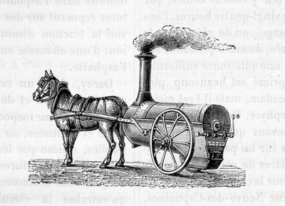 Horse Pulling a Steam Machine - in The Wonders of Industry by Figuier by Unknown artist