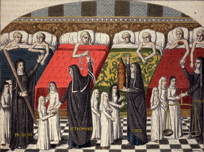 Hospital room at the Hotel Dieu in Paris. Good sisters are designed by the name of virtues: prudence, temperance, strength and justice. Engraving after a 15th century miniature. by Unknown artist