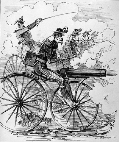 Humorous Engraving: Velocipedomania Applied to Machine Guns - 19th Century by Unknown artist