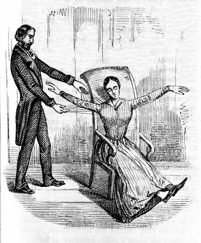 Hypnosis: a man practicing hypnosis on a cataleptic woman. by Unknown artist