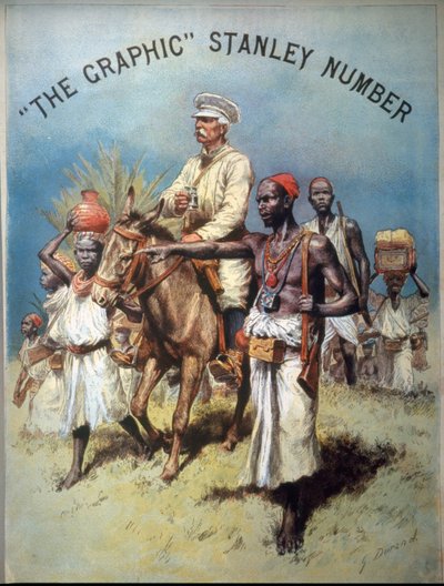Illustration depicting explorer and journalist Henry Morton Stanley (1841-1904) during one of his expeditions (chromolithography) by Unknown artist