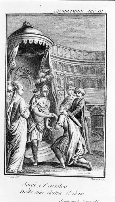 Illustration of Semiramis, opera by Antonio Salieri (1750 - 1825). Booklet by Pierre Metastase (or Pietro Metastasio). Act III, last scene. by Unknown artist