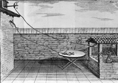 Illustration of experiments by Luigi Galvani, Italian physicist and physician (1737 - 1798) explaining the passage of electric current moving the legs of a frog. by Unknown artist