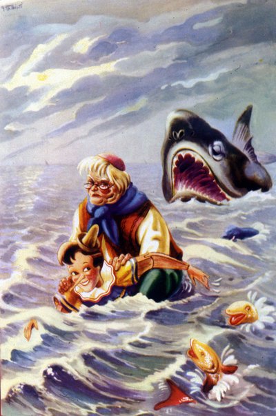 Illustration of the Pinocchio tale by Carlo Collodi: Pinocchio and Geppetto are pursued by a huge fish by Unknown artist