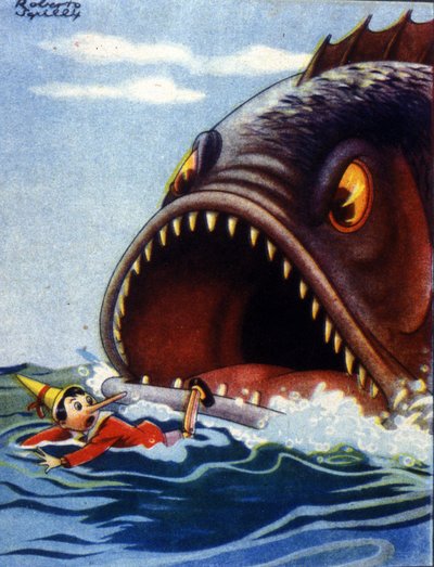Illustration of the tale Pinocchio by Carlo Collodi. A huge fish is about to eat Pinocchio. by Unknown artist