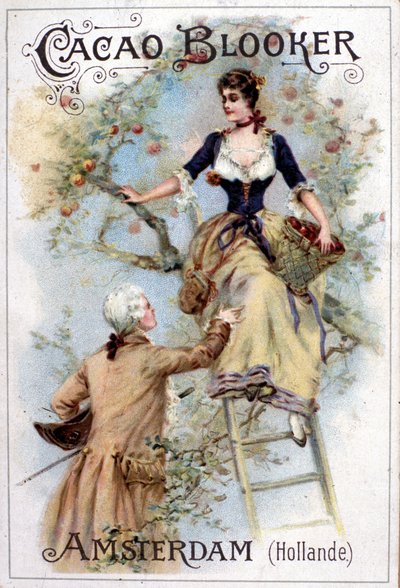 Advertisement for Blooker cocoa representing a young man in 18th century fashion helping a young woman down a ladder. by Unknown artist