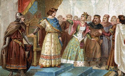 In 1274 Queen Mary of Brabant was falsely accused by the great chamberlain Pierre de la Broce of the death of the young prince Louis of France, the grandson of Philip III and Isabella of Aragon. Chromolithography of the late 19th century. by Unknown artist